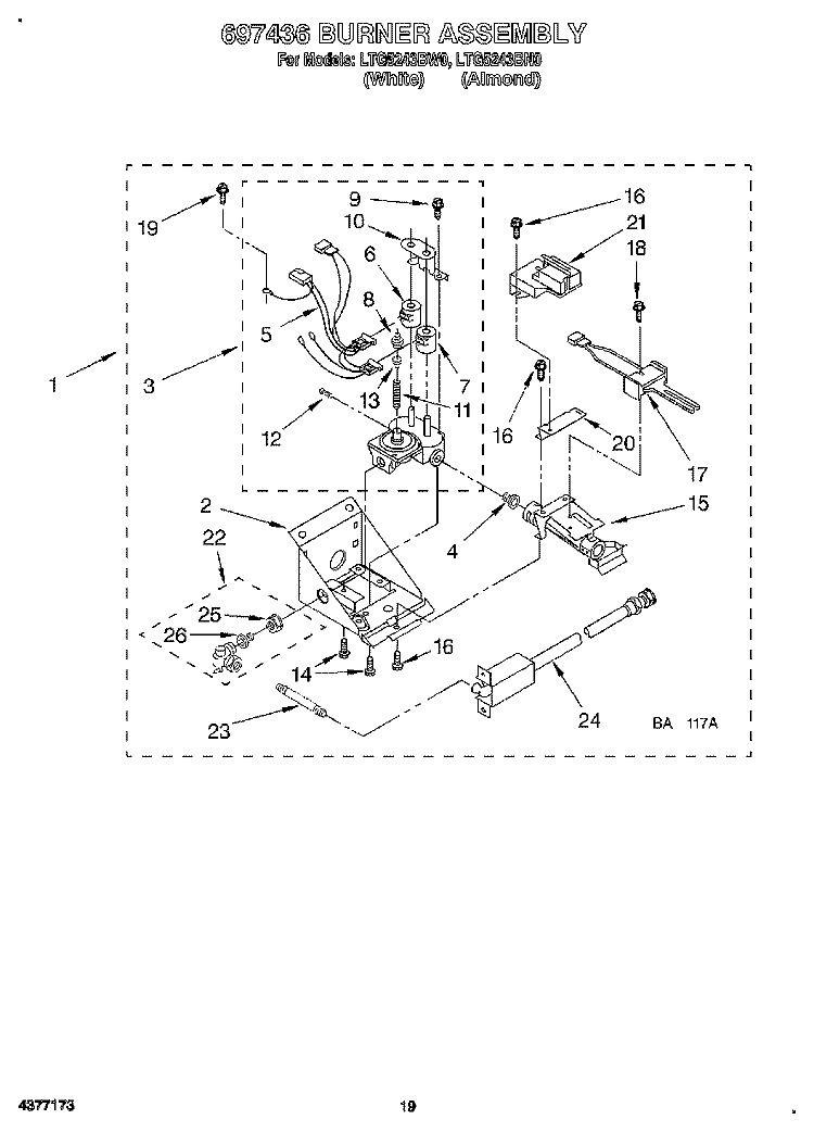 697436 BURNER ASSEMBLY Diagram and Parts List for LTG5243BW0  Whirlpool Washer Dryer Combo