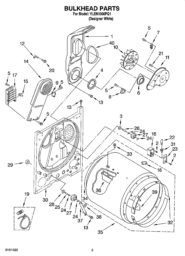 BULKHEAD PARTS, OPTIONAL PARTS (NOT INCLUDED) Diagram and Parts List for YLEN1000PQ1  Whirlpool Dryer