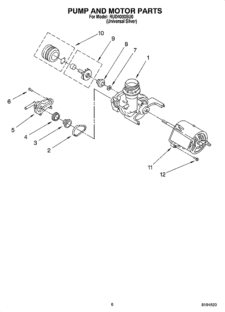 PUMP AND MOTOR PARTS Diagram and Parts List for RUD4000SU0  Roper Dishwasher