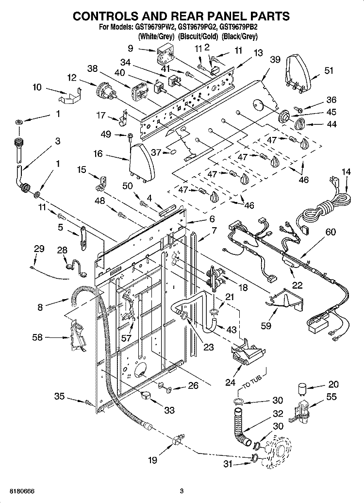 CONTROLS AND REAR PANEL PARTS Diagram and Parts List for GST9679PG2  Whirlpool Washer