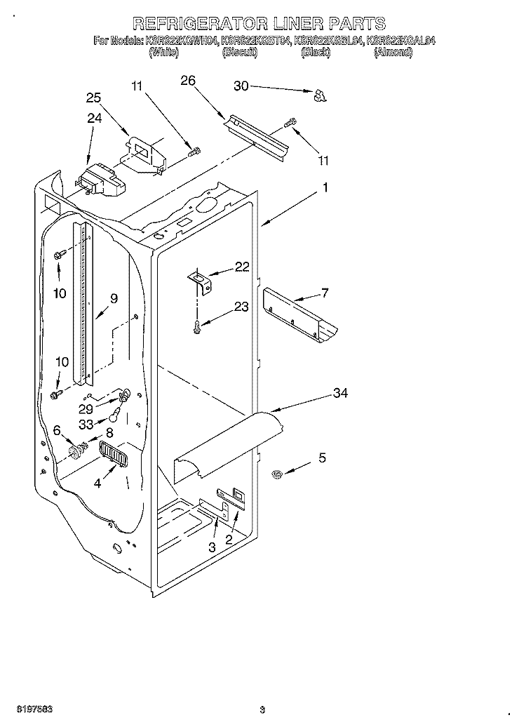 REFRIGERATOR LINER Diagram and Parts List for KSRS22KGBL04  KitchenAid Refrigerator