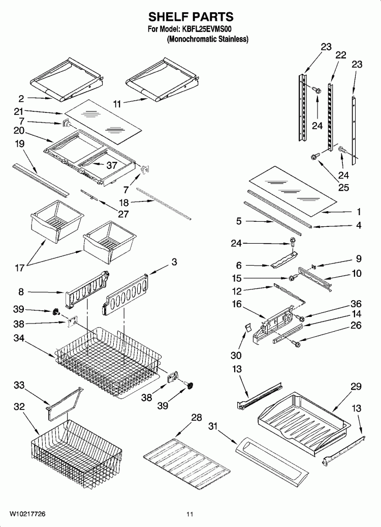 SHELF PARTS Diagram and Parts List for KBFL25EVMS00  KitchenAid Refrigerator