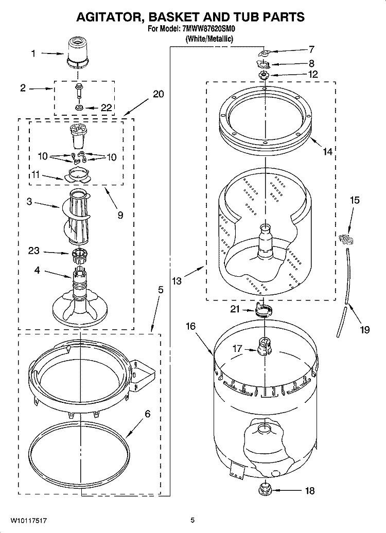 AGITATOR, BASKET AND TUB PARTS Diagram and Parts List for 7MWW87620SM0  Whirlpool Washer