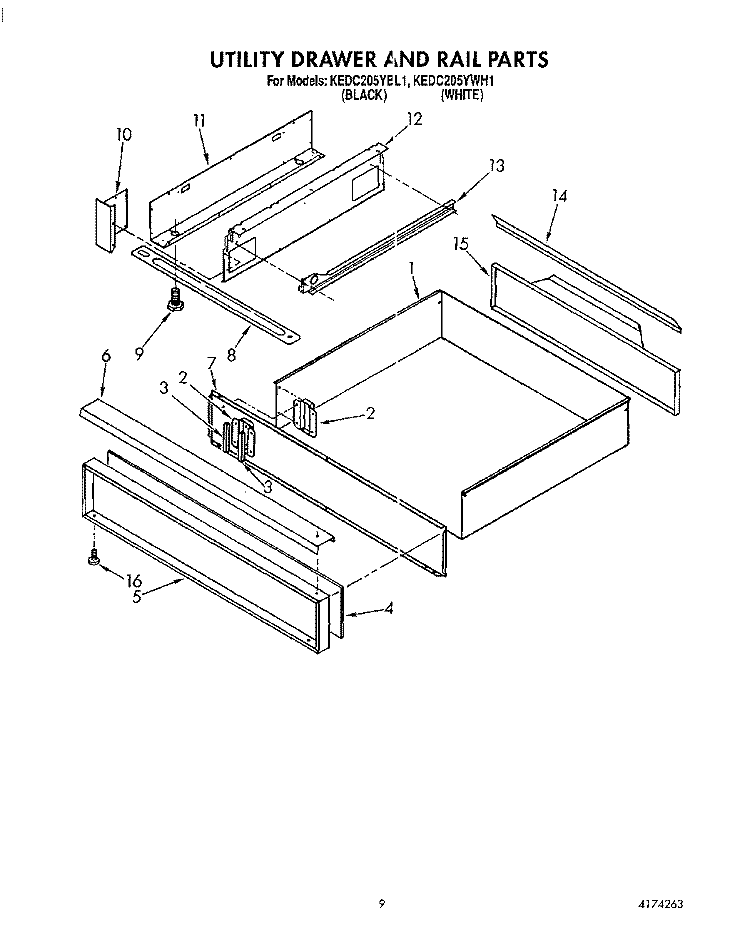 UTILITY DRAWER AND RAIL Diagram and Parts List for KEDC205YWH1  KitchenAid Range