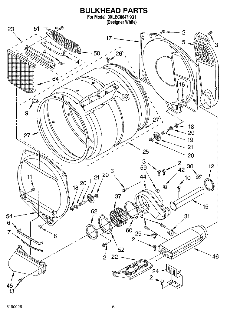 BULKHEAD PARTS Diagram and Parts List for 3XLEC8647KQ1  Whirlpool Dryer