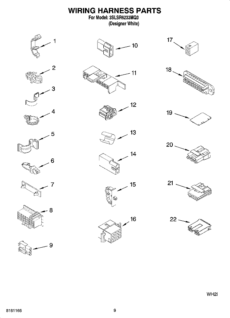 WIRING HARNESS PARTS Diagram and Parts List for 3SLSR6233MQ3  Whirlpool Washer