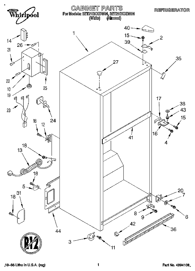 CABINET Diagram and Parts List for 3ET21DKXDN01  Whirlpool Refrigerator