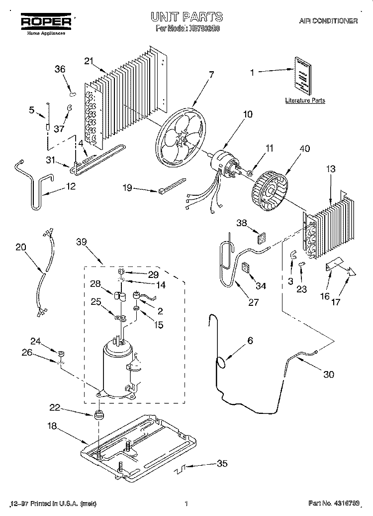 UNIT, LITERATURE Diagram and Parts List for X07002G0  Roper Air Conditioner