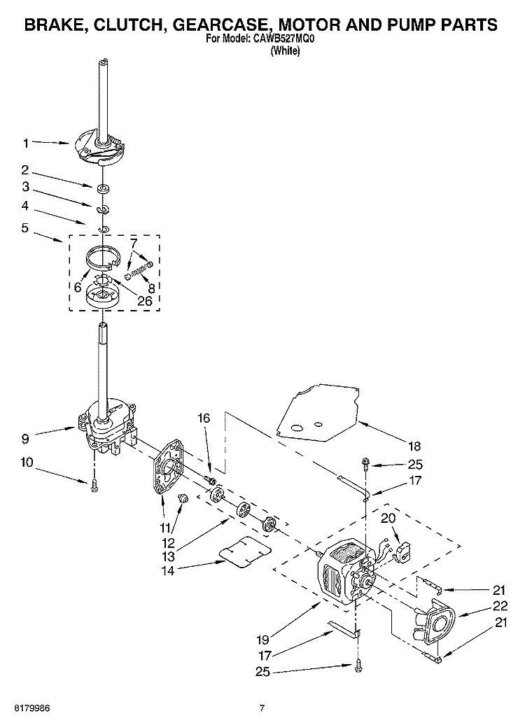 BRAKE, CLUTCH, GEARCASE, MOTOR AND PUMP PARTS Diagram and Parts List for CAWB527MQ0  Crosley Washer