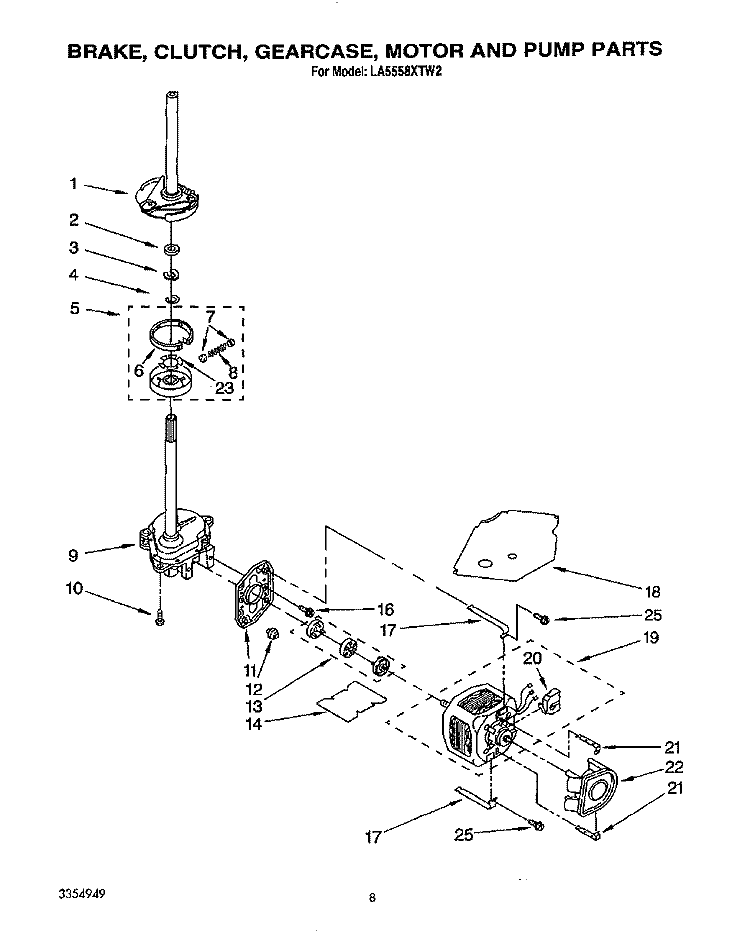 BRAKE, CLUTCH, GEARCASE, MOTOR AND PUMP Diagram and Parts List for LA5558XTN2  Whirlpool Washer