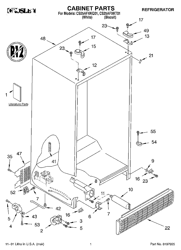 CABINET, LITERATURE Diagram and Parts List for CS25AFXKT01  Crosley Refrigerator