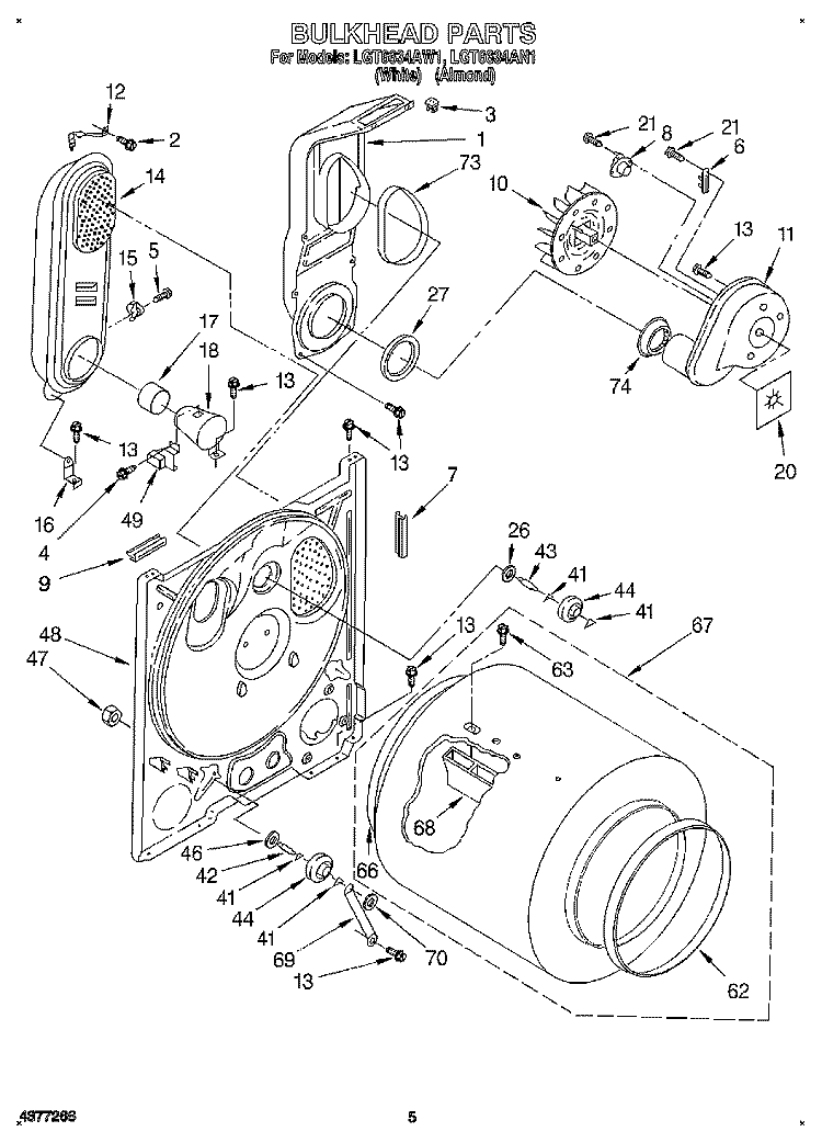 BULKHEAD Diagram and Parts List for LGT6634AN1  Whirlpool Dryer