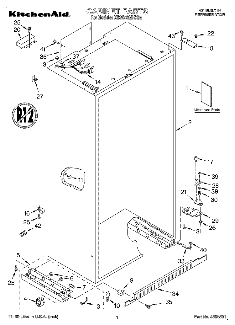 CABINET, LITERATURE Diagram and Parts List for KSSS42MHX00  KitchenAid Refrigerator