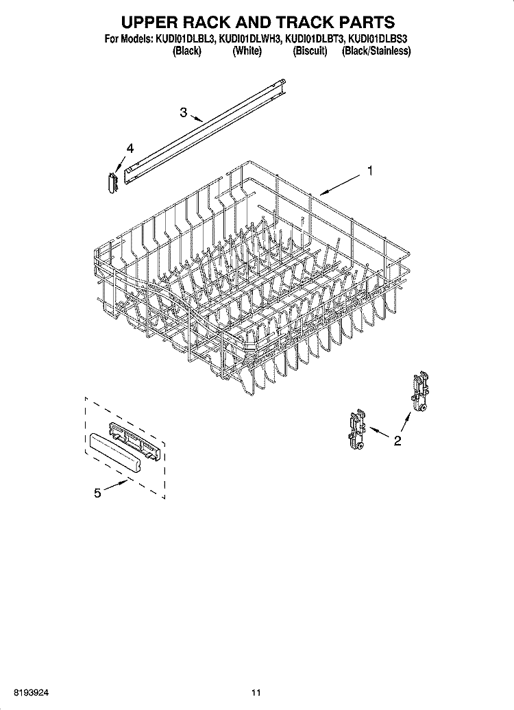 UPPER RACK AND TRACK PARTS Diagram and Parts List for KUDI01DLBL3  KitchenAid Dishwasher