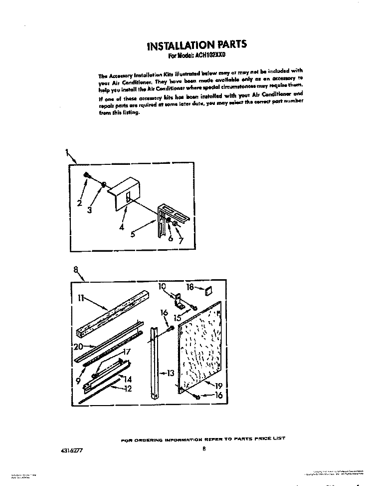INSTALLATION Diagram and Parts List for ACH102XX0  Whirlpool Air Conditioner