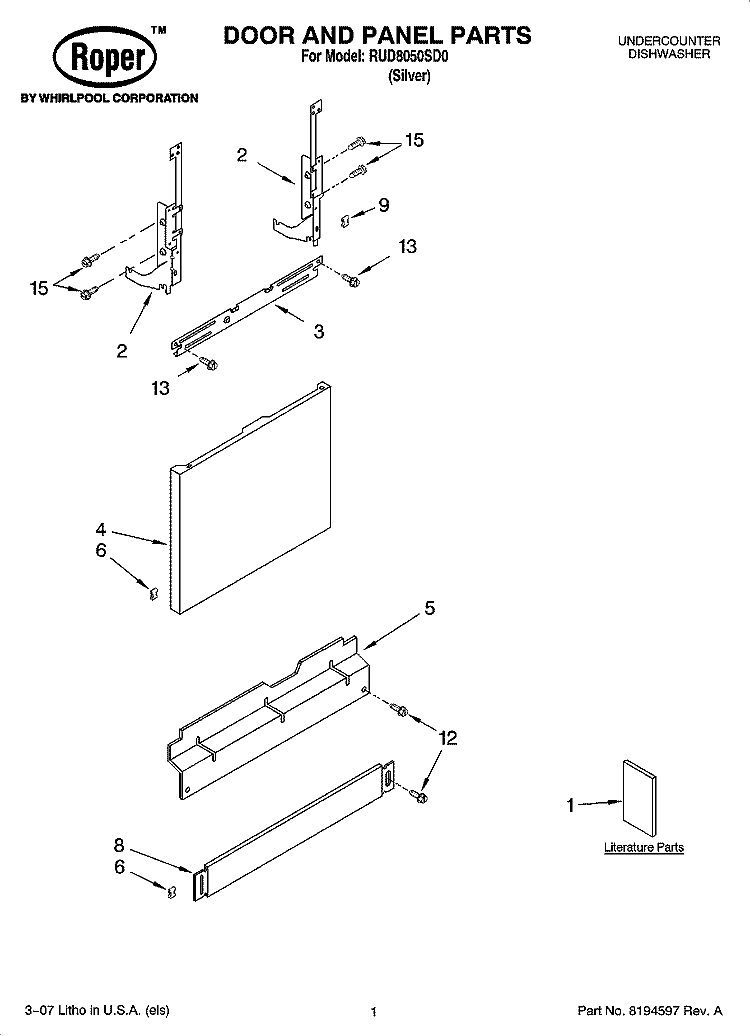 DOOR AND PANEL PARTS Diagram and Parts List for RUD8050SD0  Roper Dishwasher