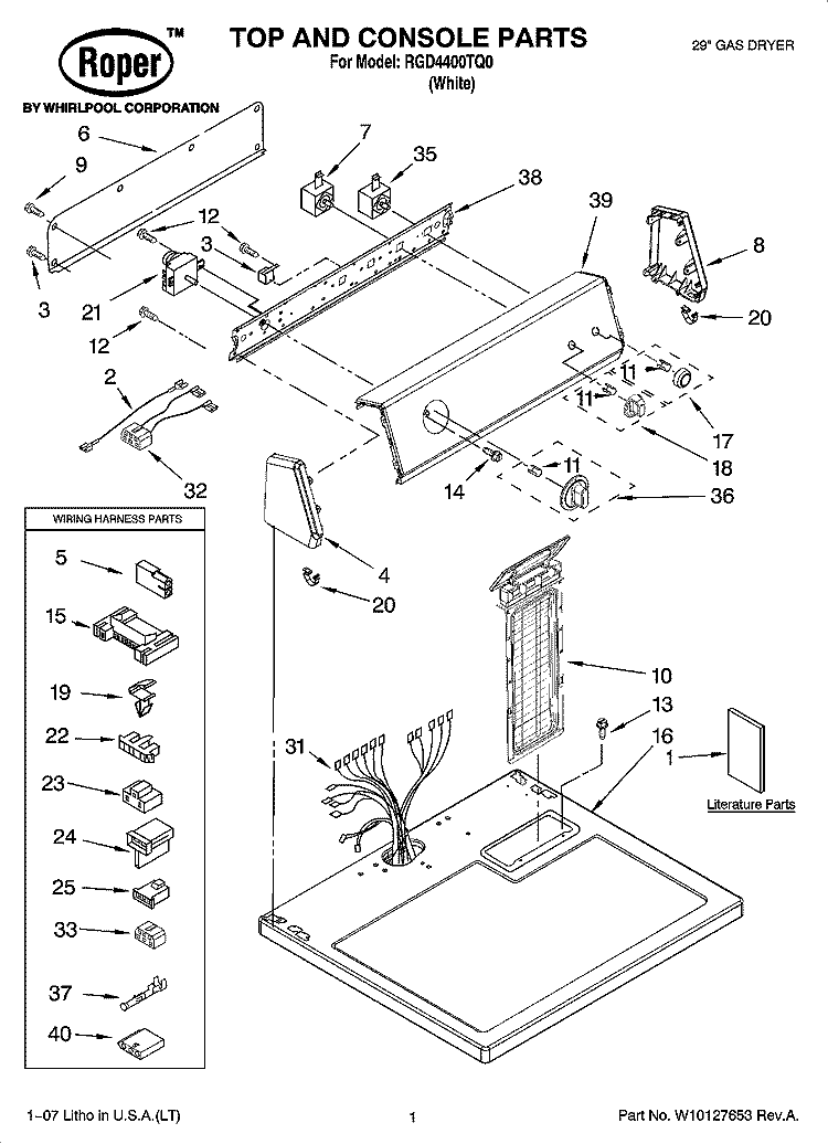 TOP AND CONSOLE PARTS Diagram and Parts List for RGD4400TQ0  Roper Dryer