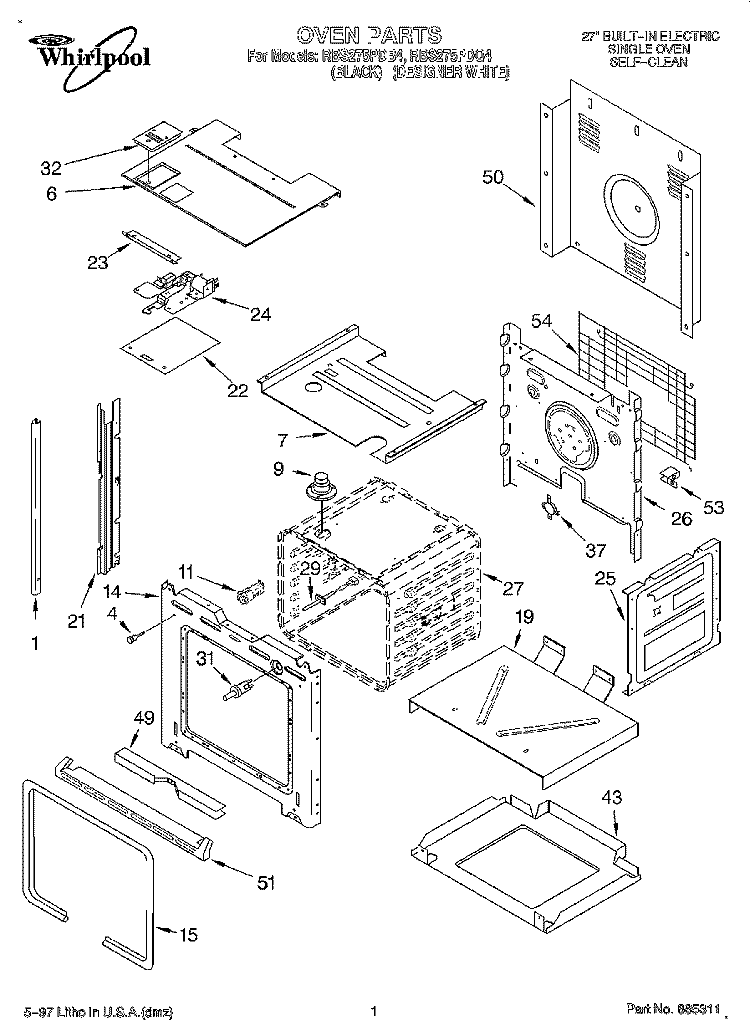 OVEN Diagram and Parts List for RBS275PDQ4  Whirlpool Wall Oven