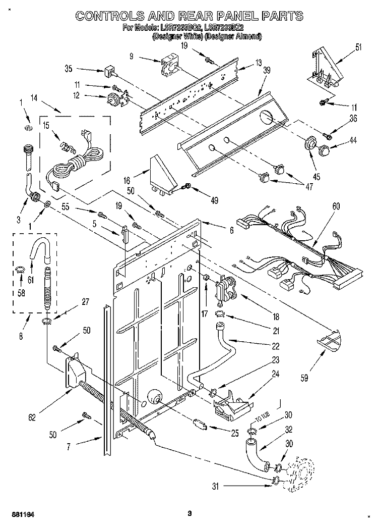 CONTROLS AND REAR PANEL Diagram and Parts List for LSR7233BQ2  Whirlpool Washer