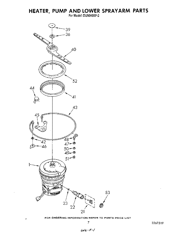 HEATER, PUMP AND LOWER SPRAYARM Diagram and Parts List for DU5040XP2  Whirlpool Dishwasher