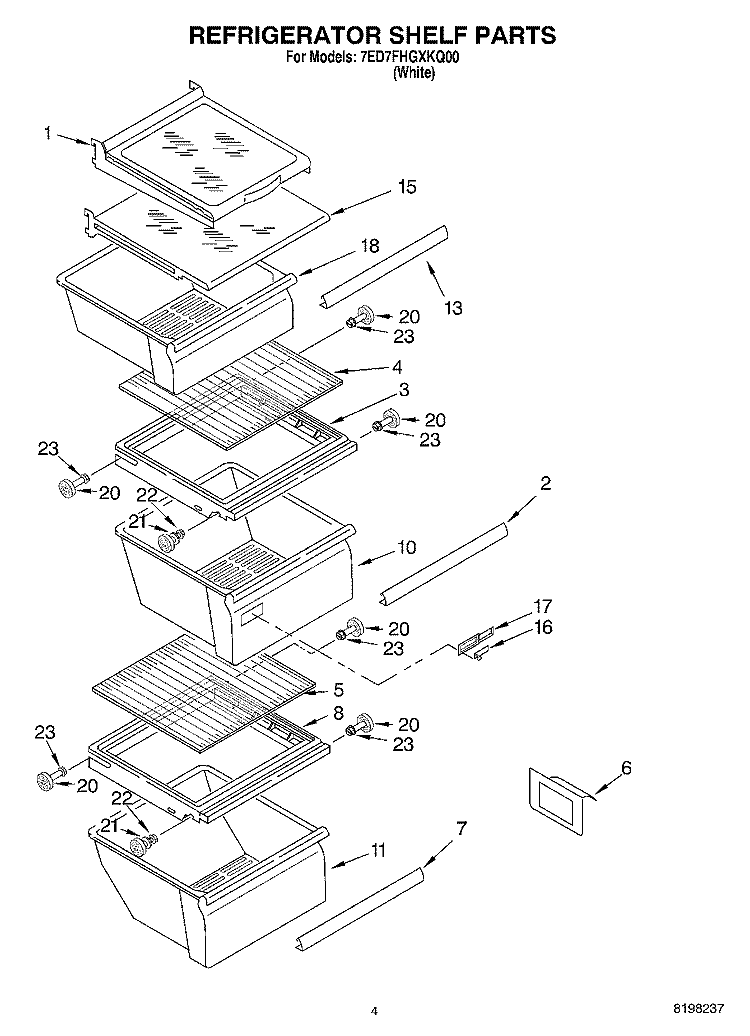 REFRIGERATOR SHELF Diagram and Parts List for 7ED7FHGXKQ00  Whirlpool Refrigerator
