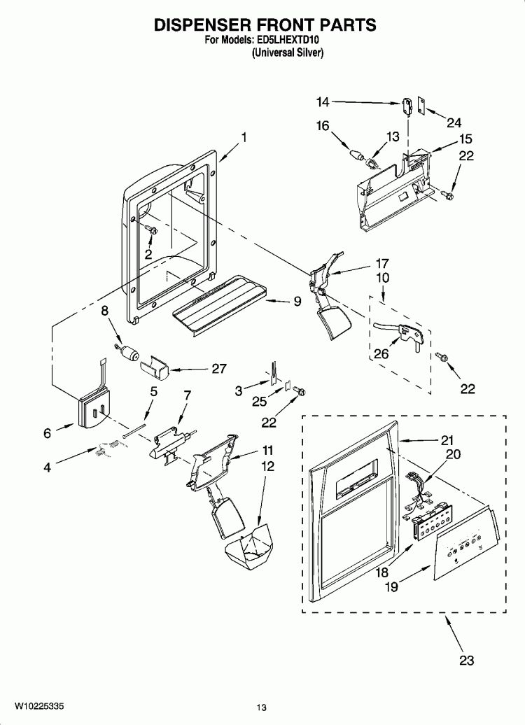 DISPENSER FRONT PARTS Diagram and Parts List for ED5LHEXTD10  Whirlpool Refrigerator