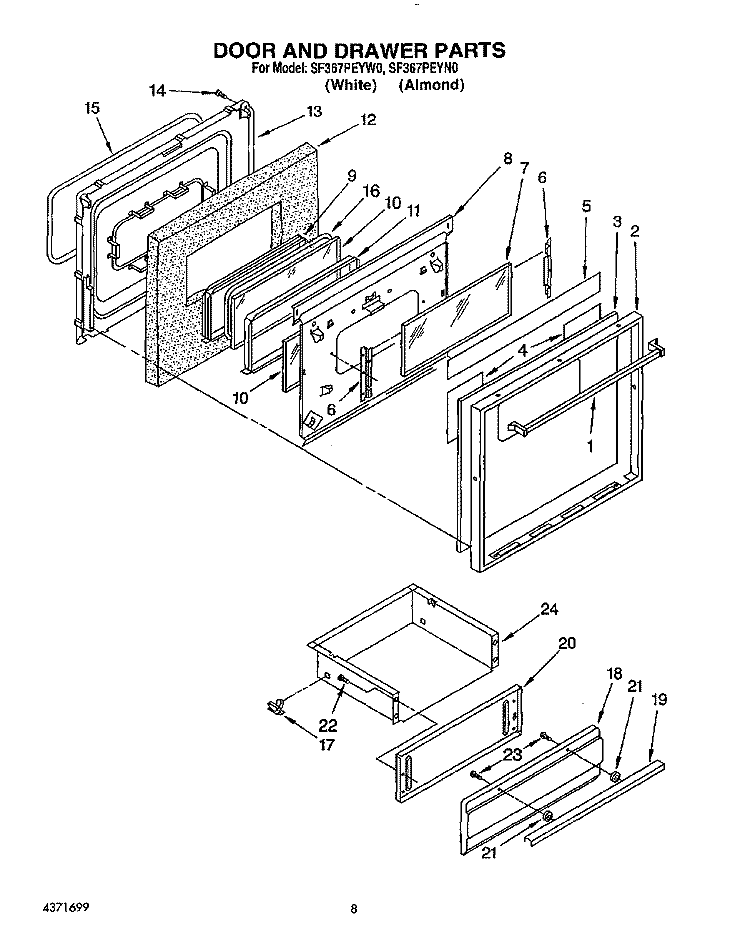 DOOR AND DRAWER Diagram and Parts List for SF367PEYN0  Whirlpool Range