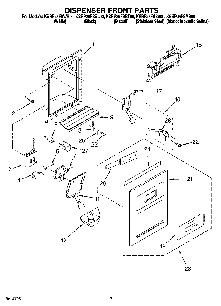 DISPENSER FRONT PARTS Diagram and Parts List for KSRP25FSBL00  KitchenAid Refrigerator