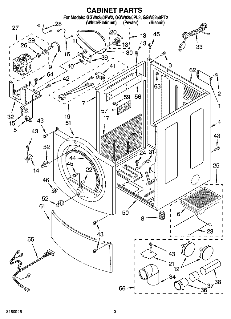 CABINET PARTS Diagram and Parts List for GGW9250PL2  Whirlpool Dryer