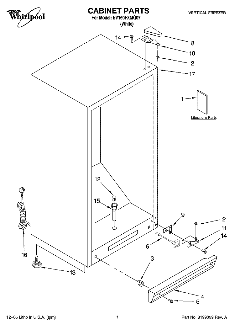 CABINET PARTS Diagram and Parts List for EV150FXMQ07  Whirlpool Freezer