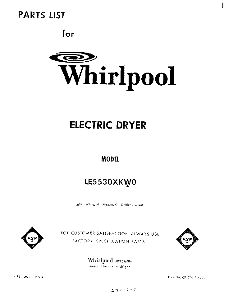 SECTION Diagram and Parts List for LE5530XKW0  Whirlpool Dryer