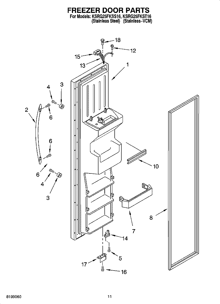FREEZER DOOR PARTS Diagram and Parts List for KSRG25FKST16  KitchenAid Refrigerator