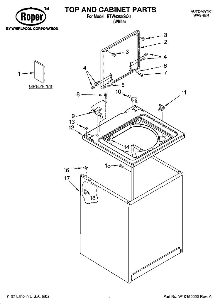 TOP AND CABINET PARTS Diagram and Parts List for RTW4305SQ0  Roper Washer