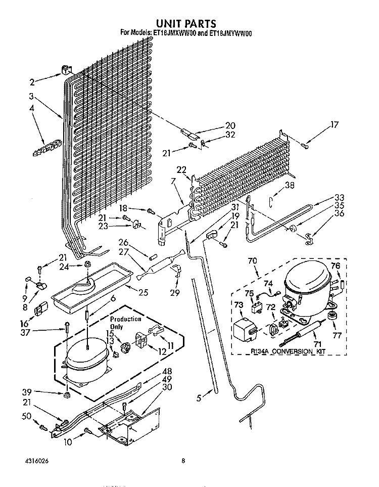 UNIT Diagram and Parts List for ET18JMXWW00  Whirlpool Refrigerator