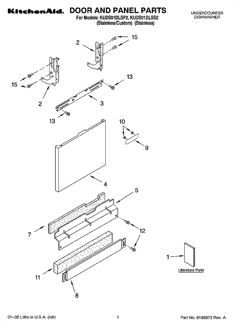 DOOR AND PANEL PARTS Diagram and Parts List for KUDS01DLSS2  KitchenAid Dishwasher