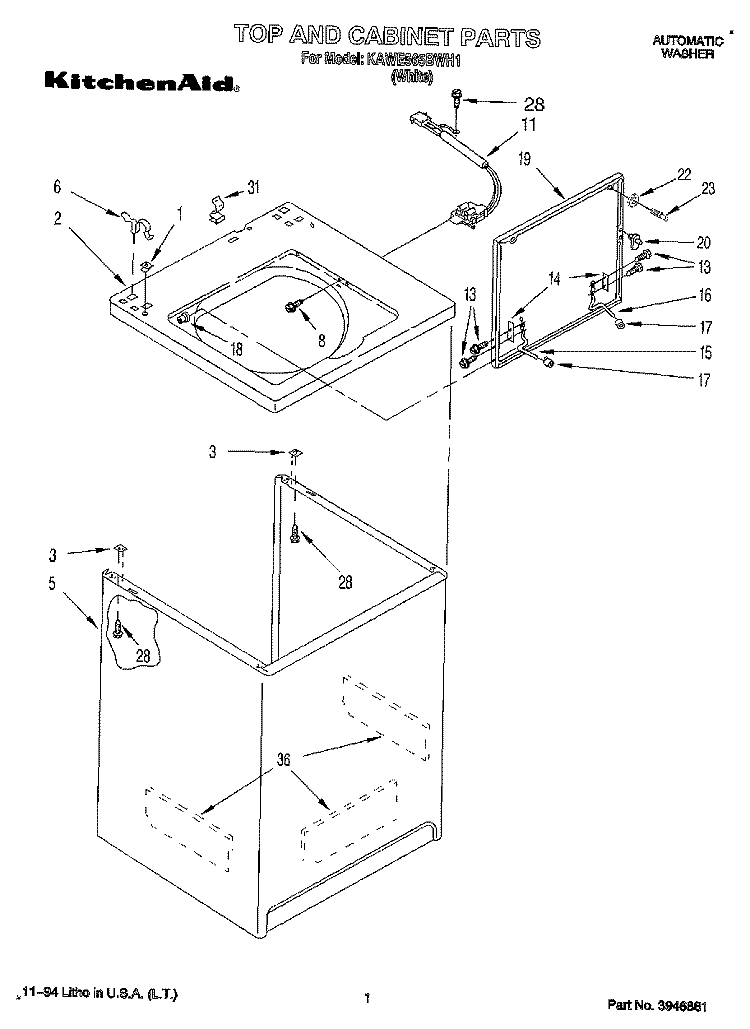 TOP AND CABINET, LIT/OPTIONAL Diagram and Parts List for KAWE565BWH1  KitchenAid Washer