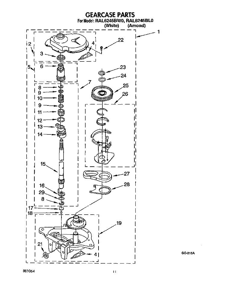 GEARCASE Diagram and Parts List for RAL6245BL0  Whirlpool Washer