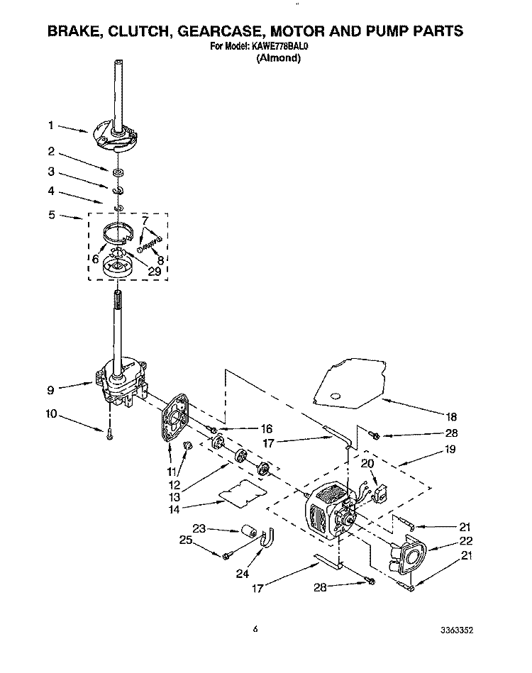 BRAKE, CLUTCH, GEARCASE, MOTOR AND PUMP Diagram and Parts List for KAWE778BAL0  KitchenAid Washer