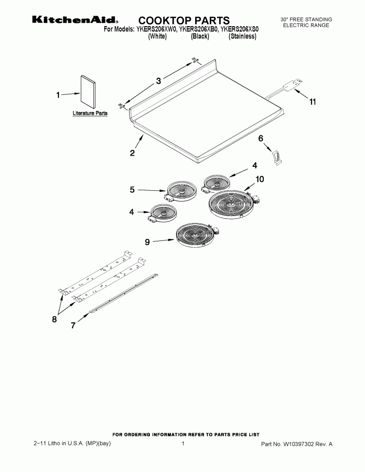 COOKTOP PARTS Diagram and Parts List for YKERS206XS0  KitchenAid Range