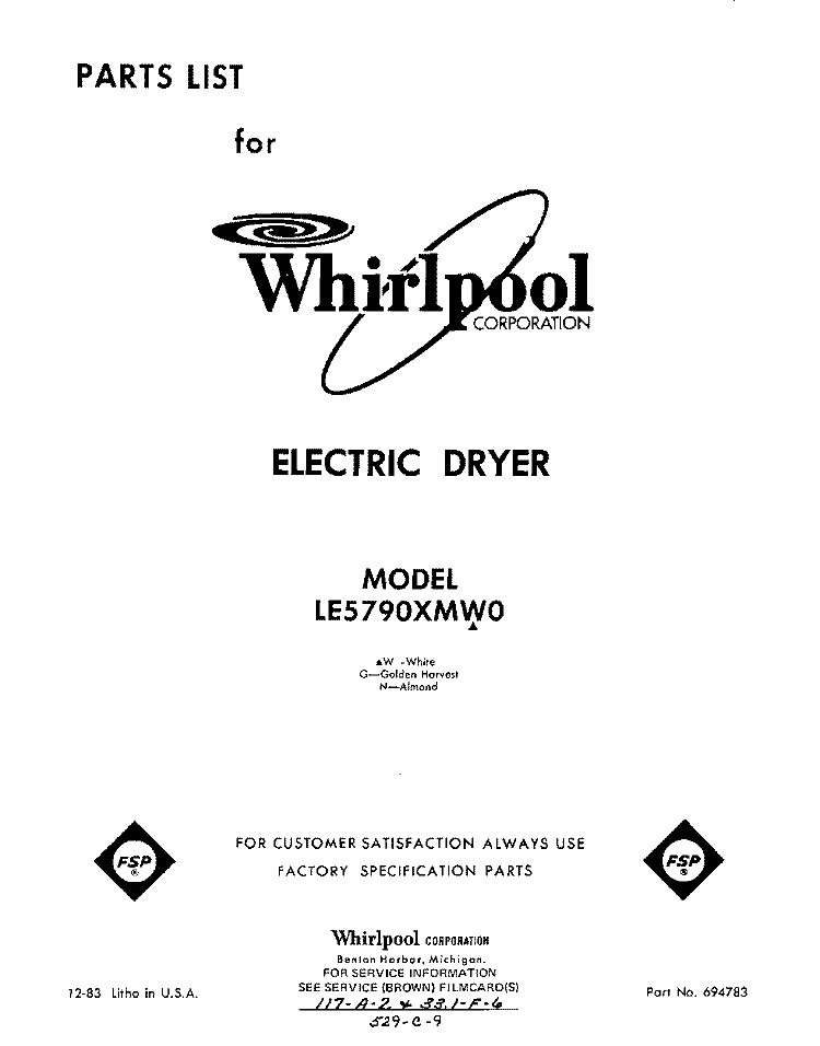 SECTION Diagram and Parts List for LE5790XMW0  Whirlpool Dryer