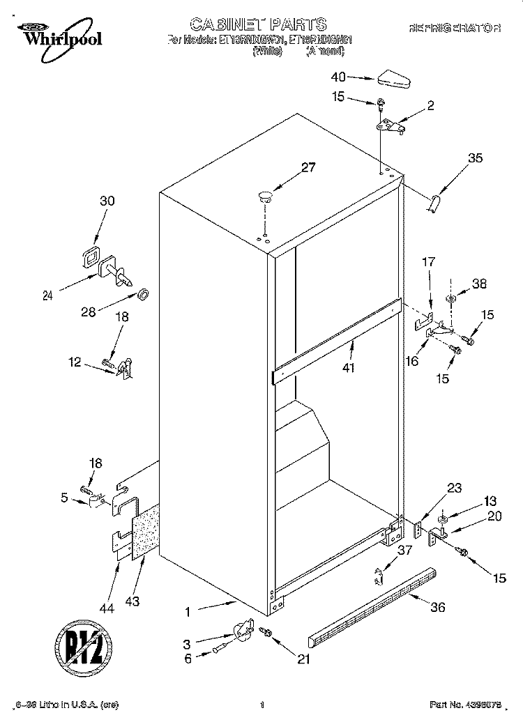CABINET Diagram and Parts List for ET19RMXGW01  Whirlpool Refrigerator
