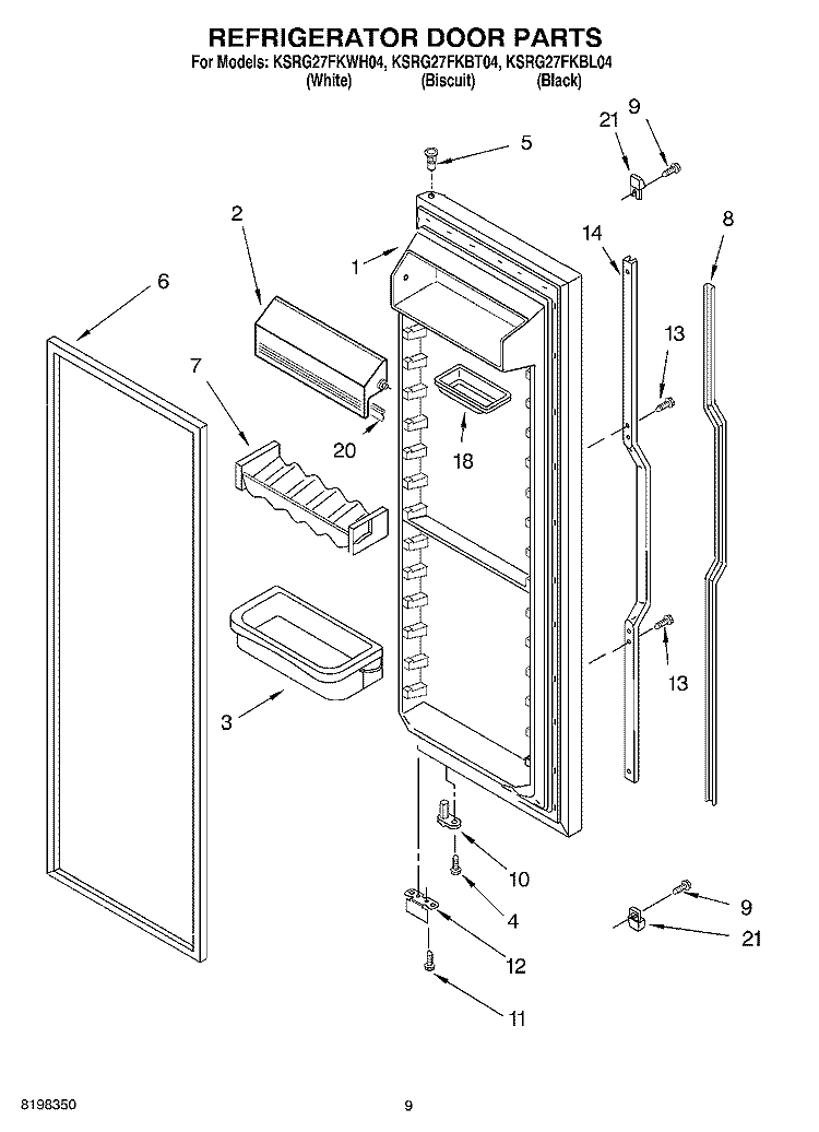 REFRIGERATOR DOOR Diagram and Parts List for KSRG27FKWH04  KitchenAid Refrigerator