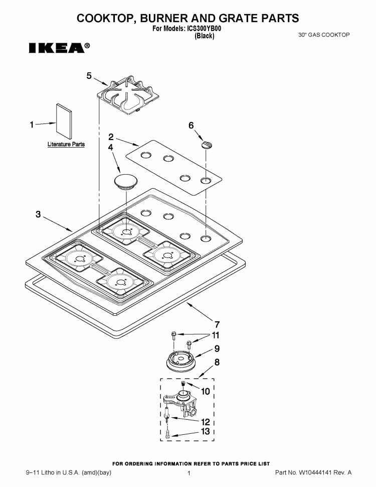 COOKTOP, BURNER AND GRATE PARTS Diagram and Parts List for ICS300YB00  Whirlpool Cooktop