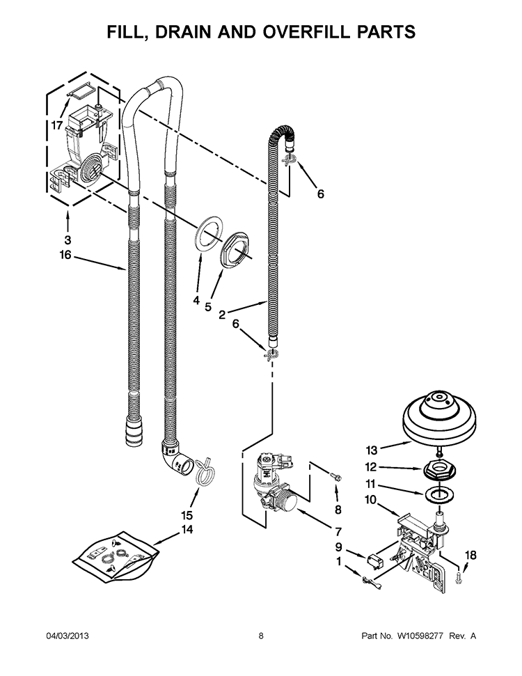 FILL, DRAIN AND OVERFILL PARTS Diagram and Parts List for KUDC10FXBL6  KitchenAid Dishwasher