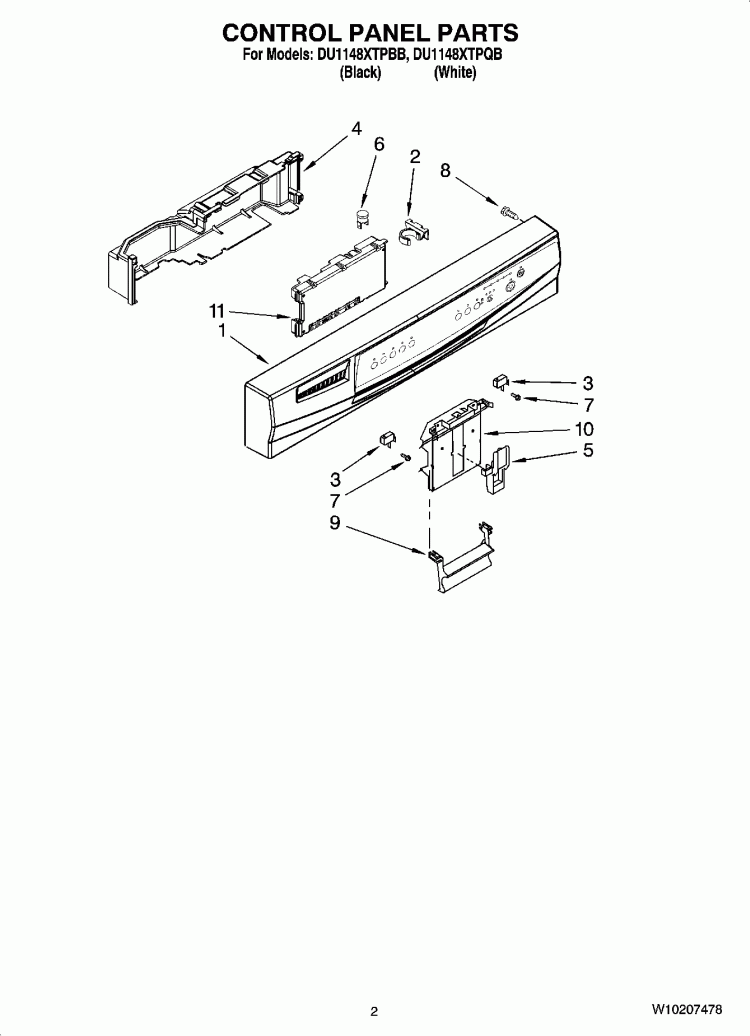 CONTROL PANEL PARTS Diagram and Parts List for DU1148XTPBB  Whirlpool Dishwasher