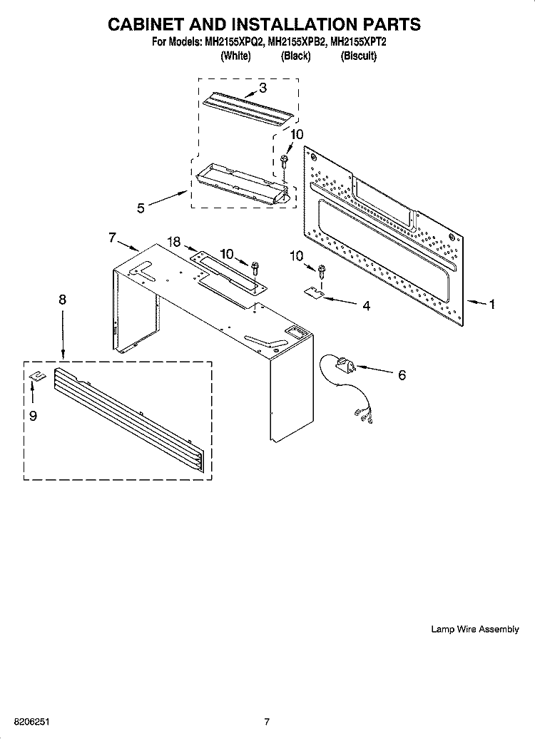 CABINET AND INSTALLATION PARTS Diagram and Parts List for MH2155XPB2  Whirlpool Microwave