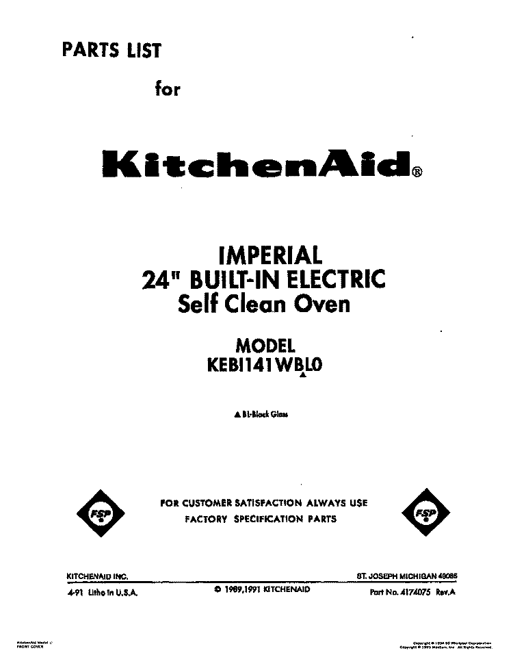 FRONT COVER Diagram and Parts List for KEBI141WBL0  KitchenAid Wall Oven