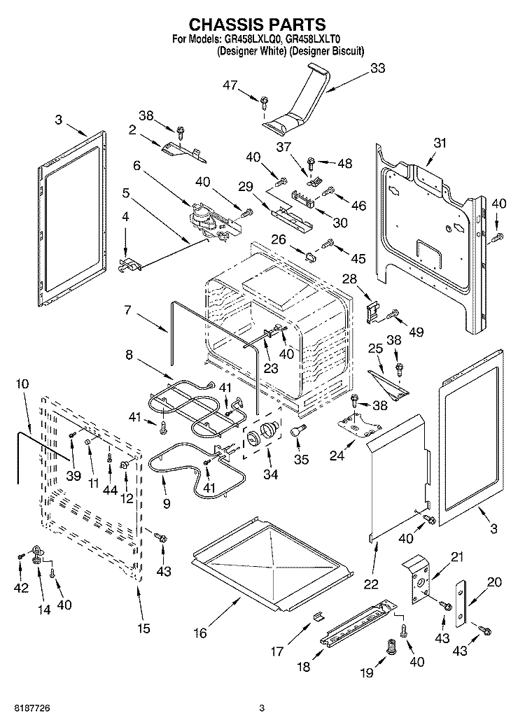 CHASSIS Diagram and Parts List for GR458LXLT0  Whirlpool Range