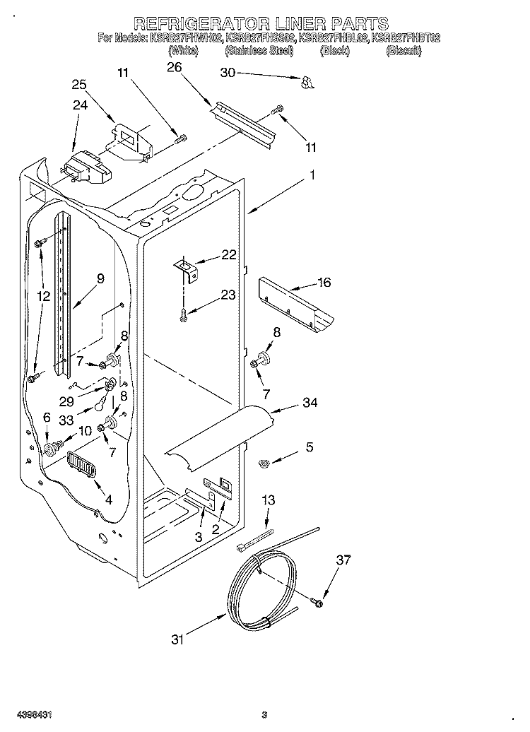 REFRIGERATOR LINER Diagram and Parts List for KSRB27FHBL02  KitchenAid Refrigerator