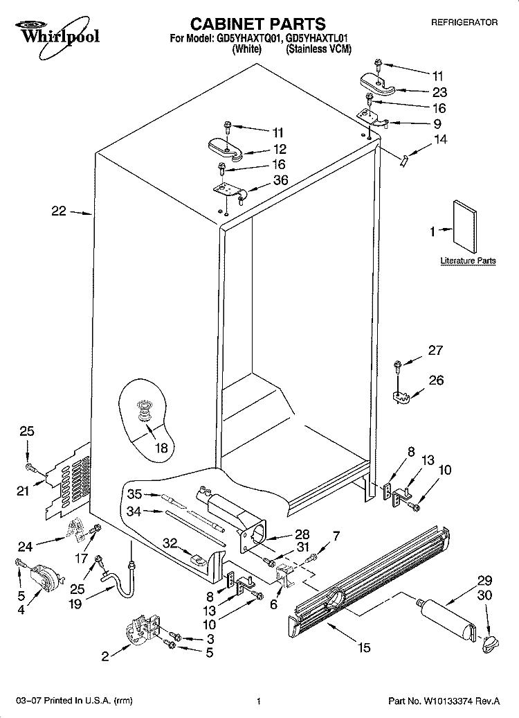 CABINET PARTS Diagram and Parts List for GD5YHAXTQ01  Whirlpool Refrigerator